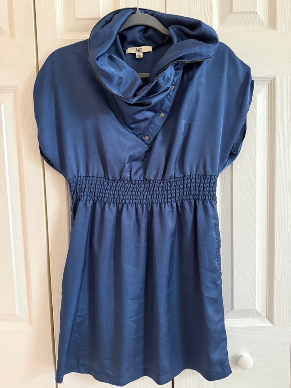 Women's Navy Satin Cowl-Neck Tunic with Smocked Waist